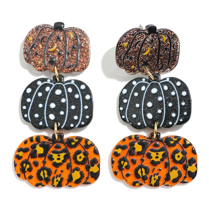 Linked Glitter Acetate Patterned Pumpkins Drop Earrings