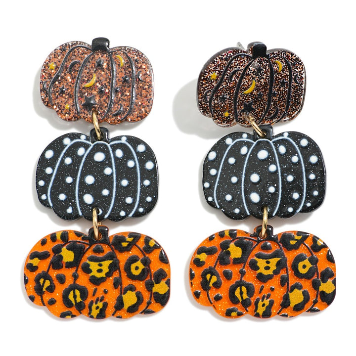 Linked Glitter Acetate Patterned Pumpkins Drop Earrings