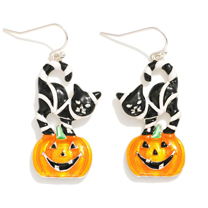 Enamel Jack-O'-Lantern & Cat Drop Earrings