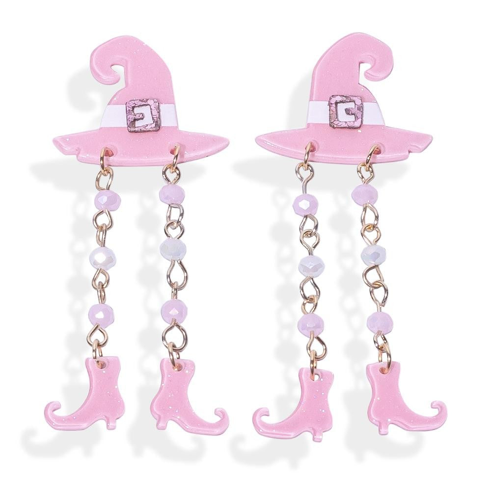 Glitter Acetate Chain Linked Witch Hat & Boot Post Drop Earrings