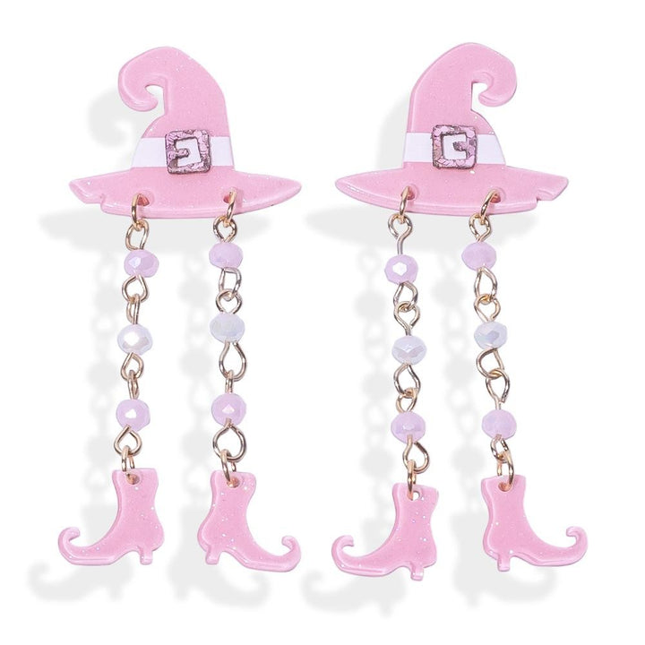 Glitter Acetate Chain Linked Witch Hat & Boot Post Drop Earrings