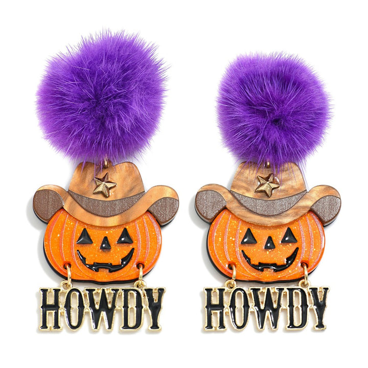 Acetate Cowboy Jack-o'-Lantern "HOWDY" Drop Earrings Featuring Faux Fur Pom