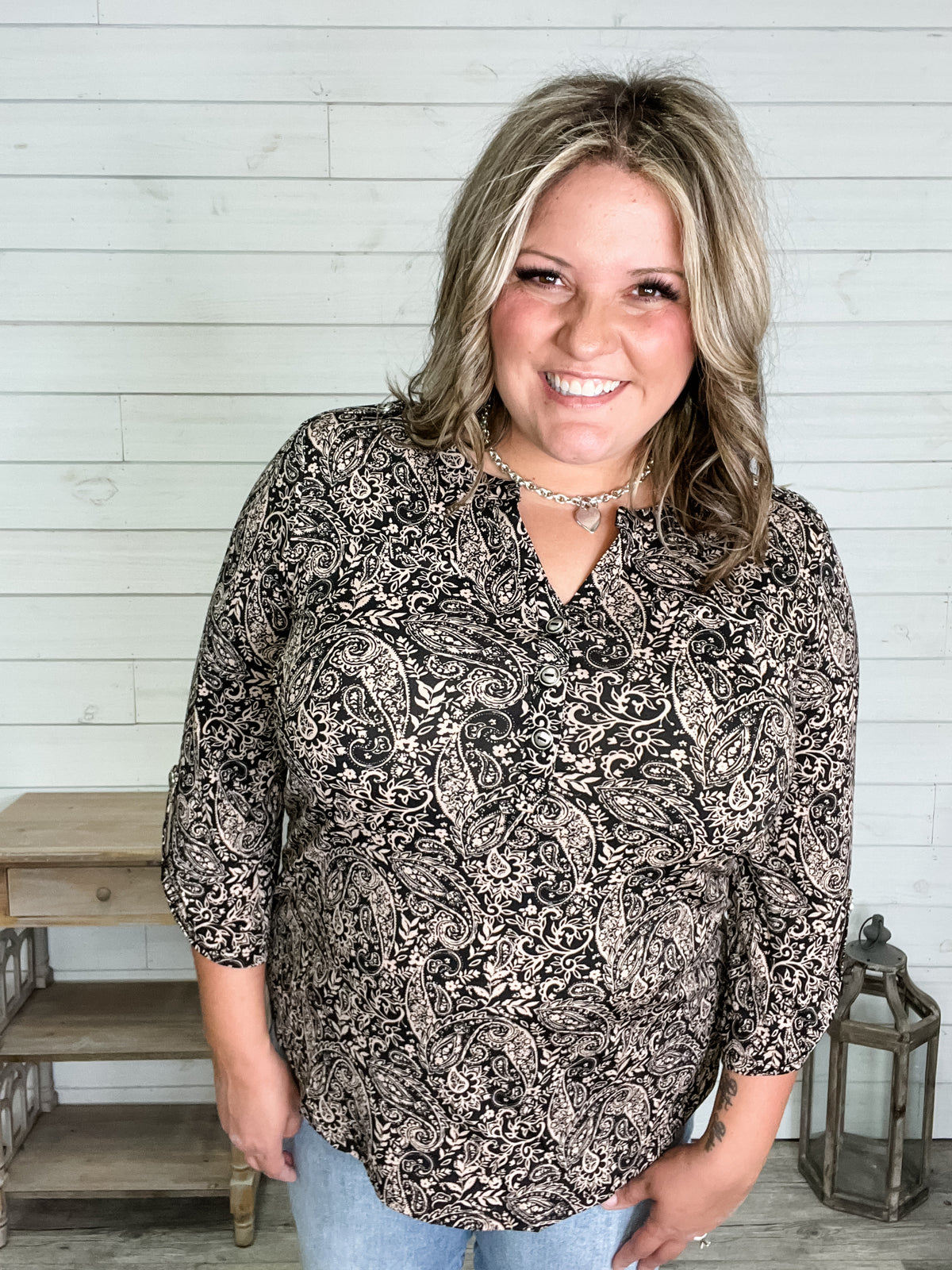 "Trapezoid" 3/4 Sleeve Button Front Lizzy Luxe