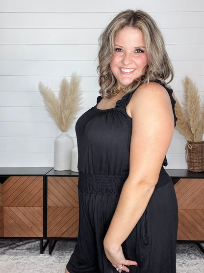 "Ripple" Ruffle Strap Romper (Black)