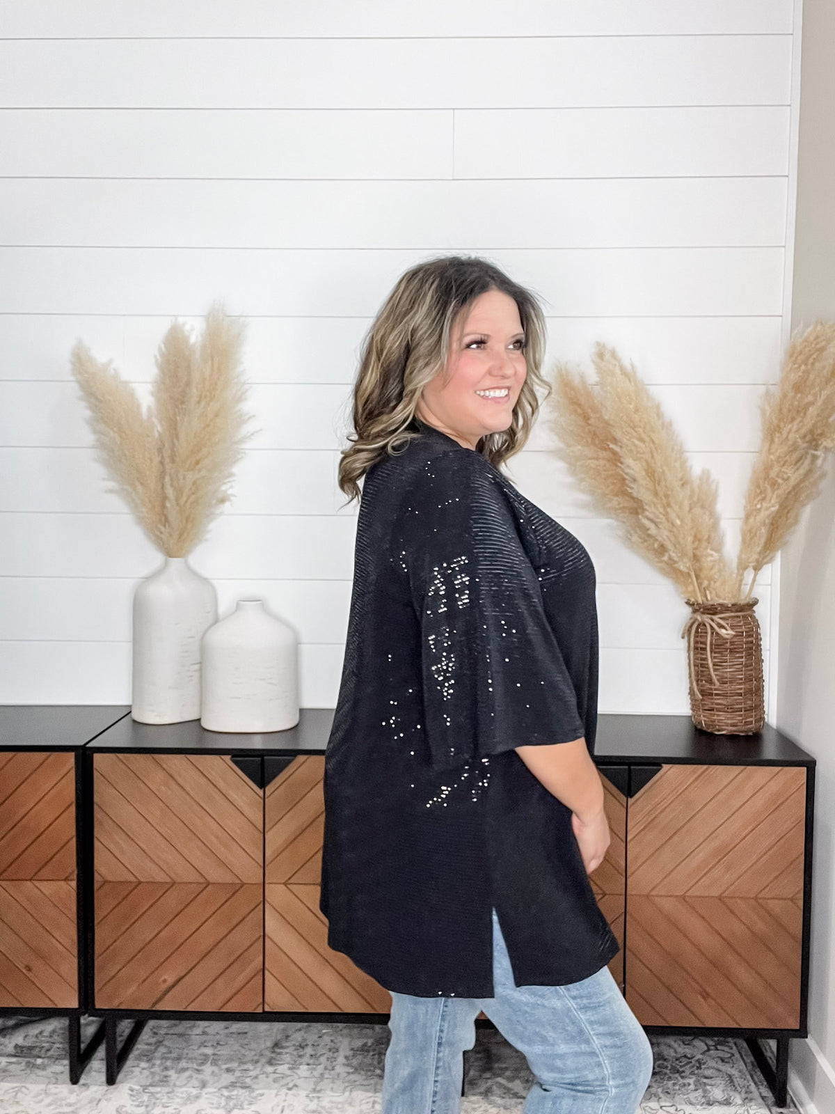 Dear Scarlett "Roosevelt" Short Sleeve Sparkle Cardigan with Double Ruffle Sleeve (Black)