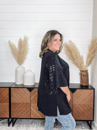 Dear Scarlett "Roosevelt" Short Sleeve Sparkle Cardigan with Double Ruffle Sleeve (Black)