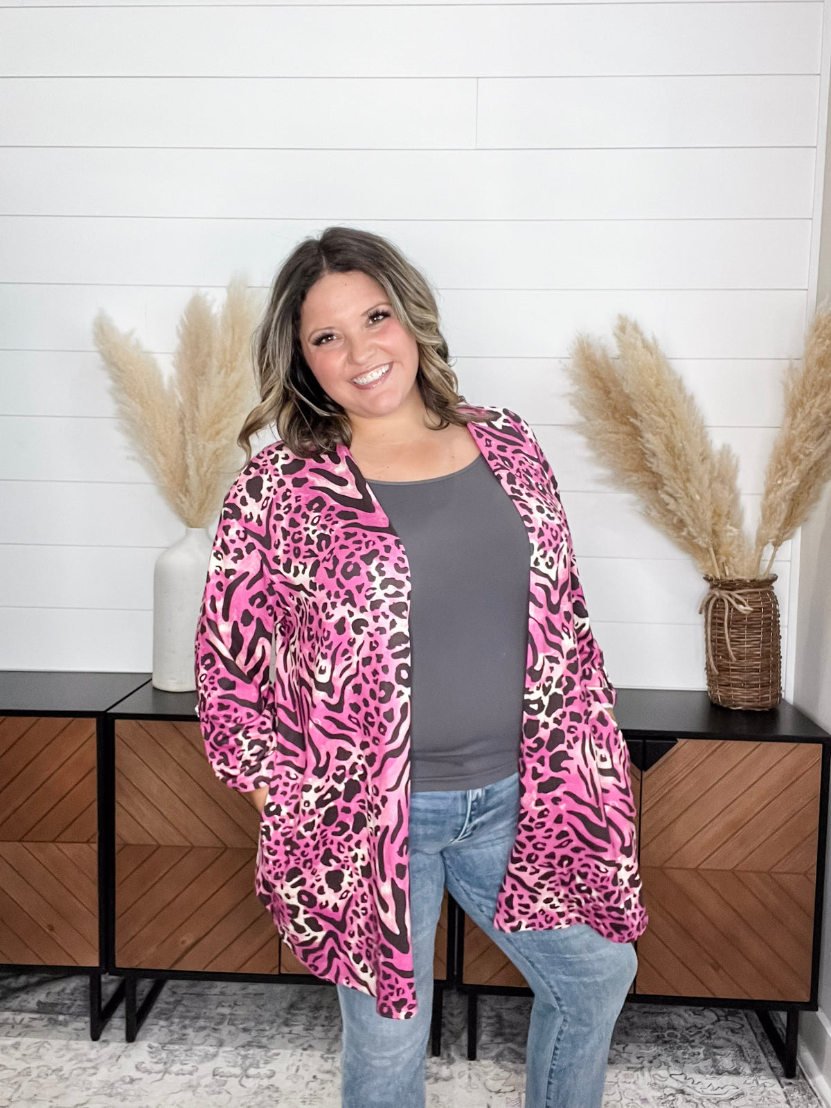 "Turntable" Animal Print Cardigan with 3/4 Sleeve Button Detail
