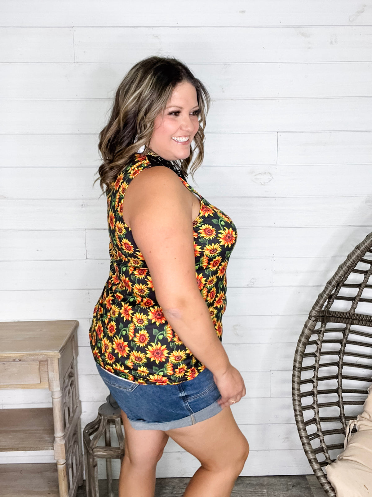 "I Am Happy" Sunflower Tank with Lace Detail