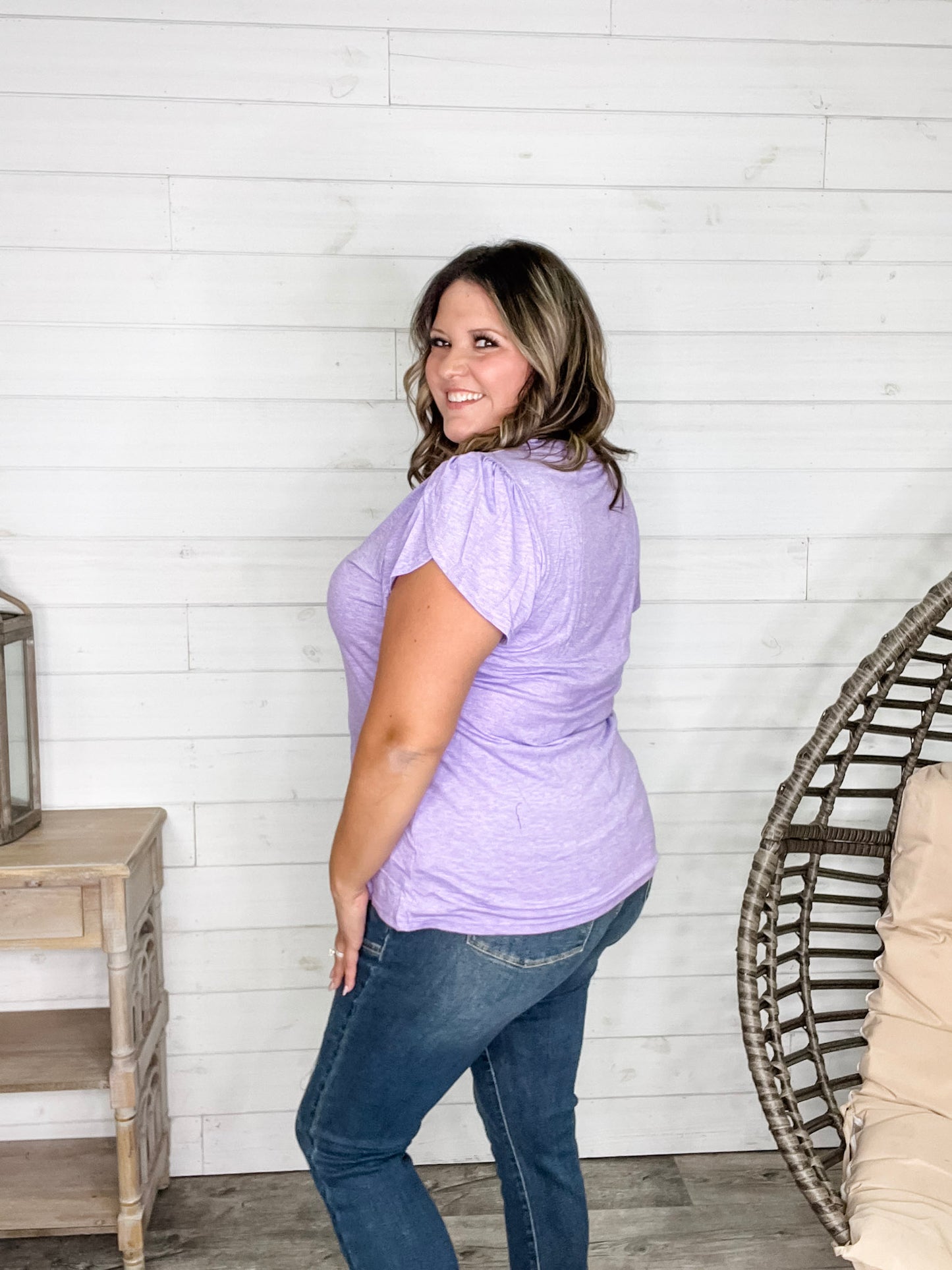 "Just The Beginning Chapter Two" Solid Tulip Sleeve V Neck (Lavender)