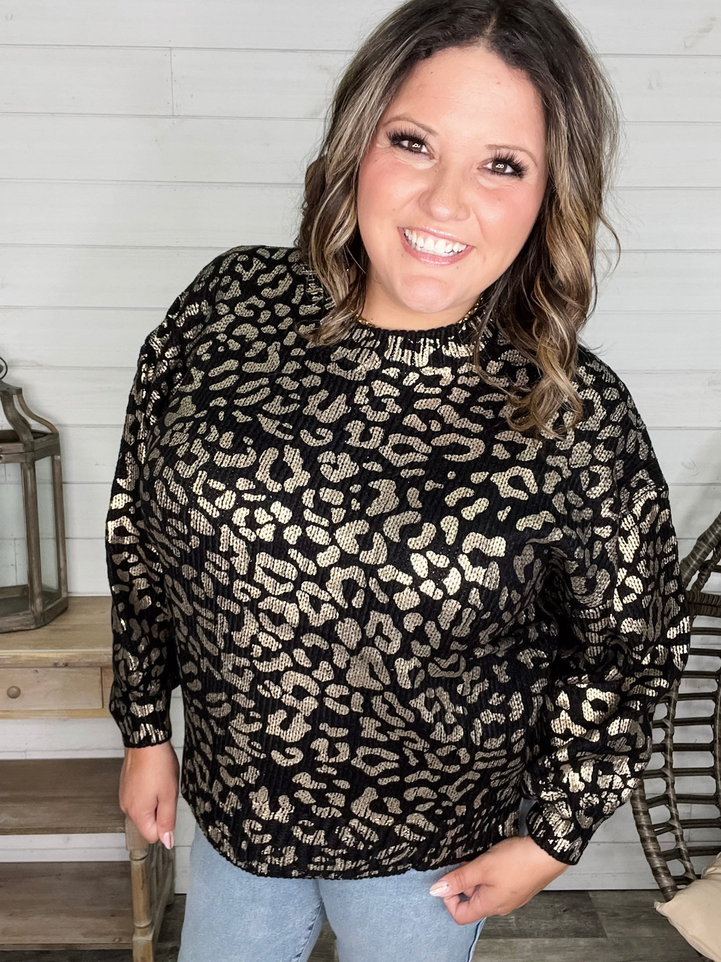 Foil Leopard Print Balloon Sleeve Sweater (Ivory or Black)