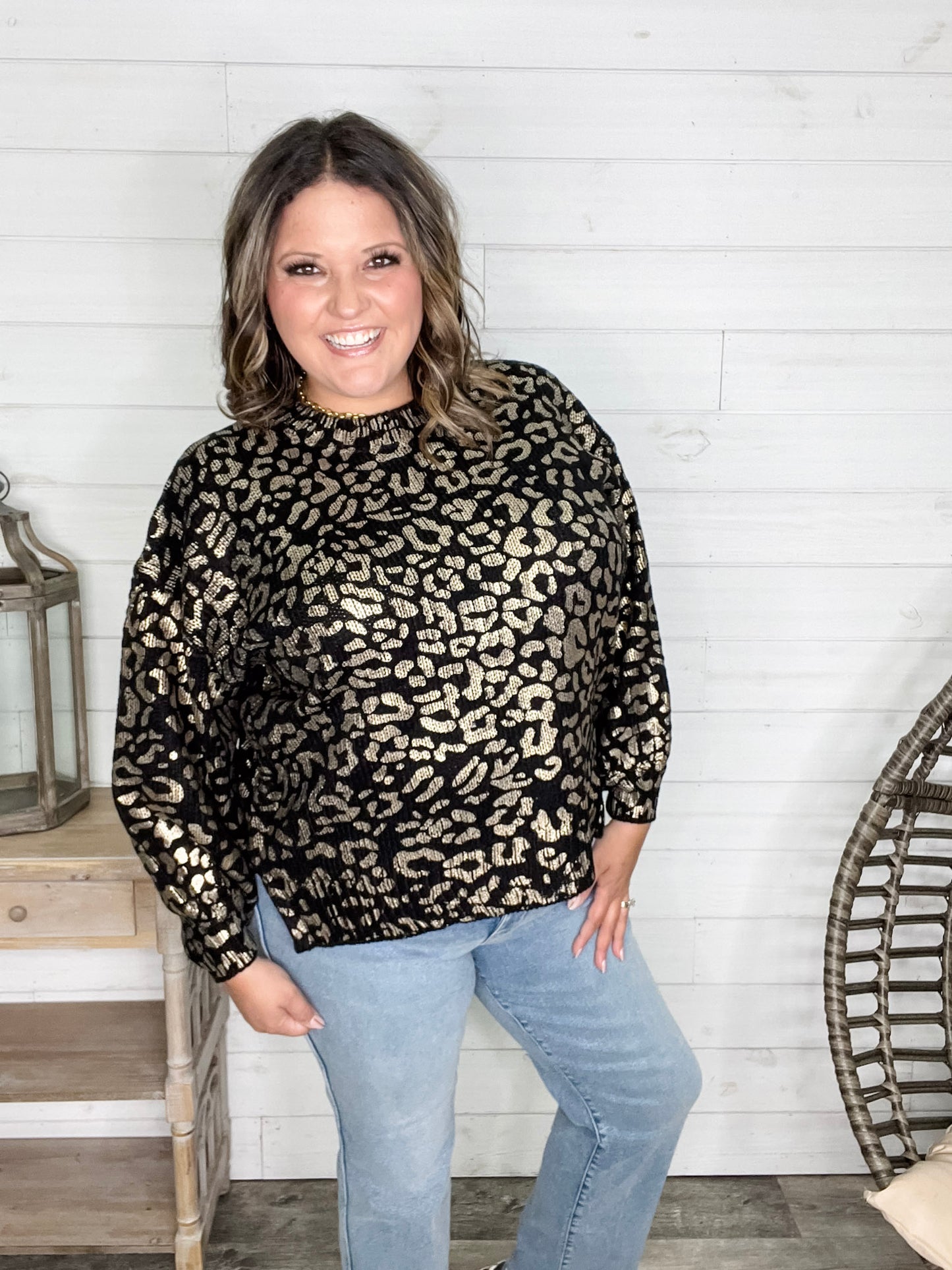 Foil Leopard Print Balloon Sleeve Sweater (Ivory or Black)