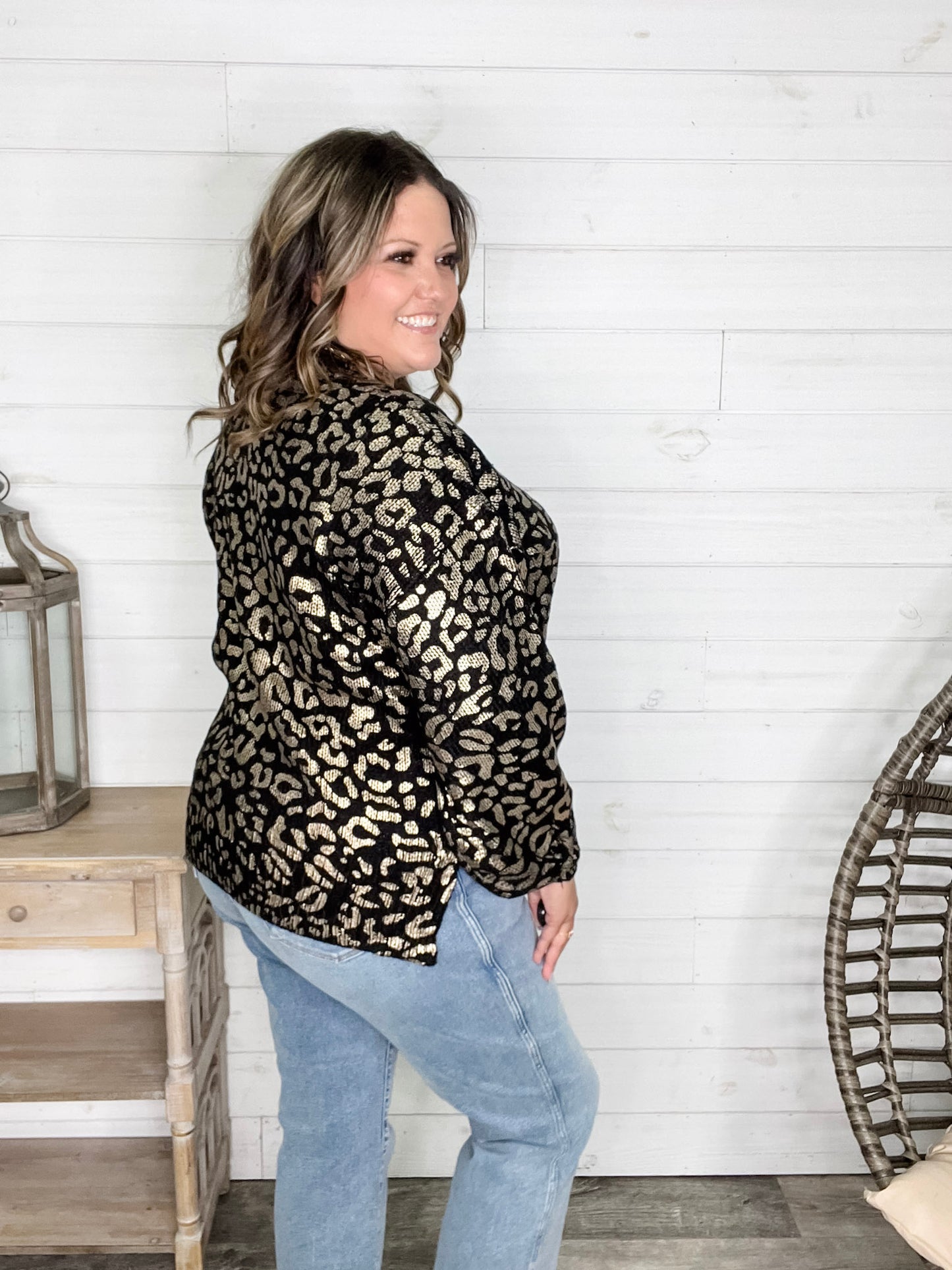Foil Leopard Print Balloon Sleeve Sweater (Ivory or Black)