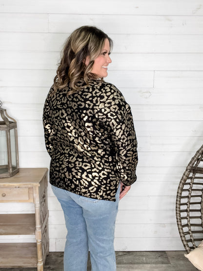 Foil Leopard Print Balloon Sleeve Sweater (Ivory or Black)