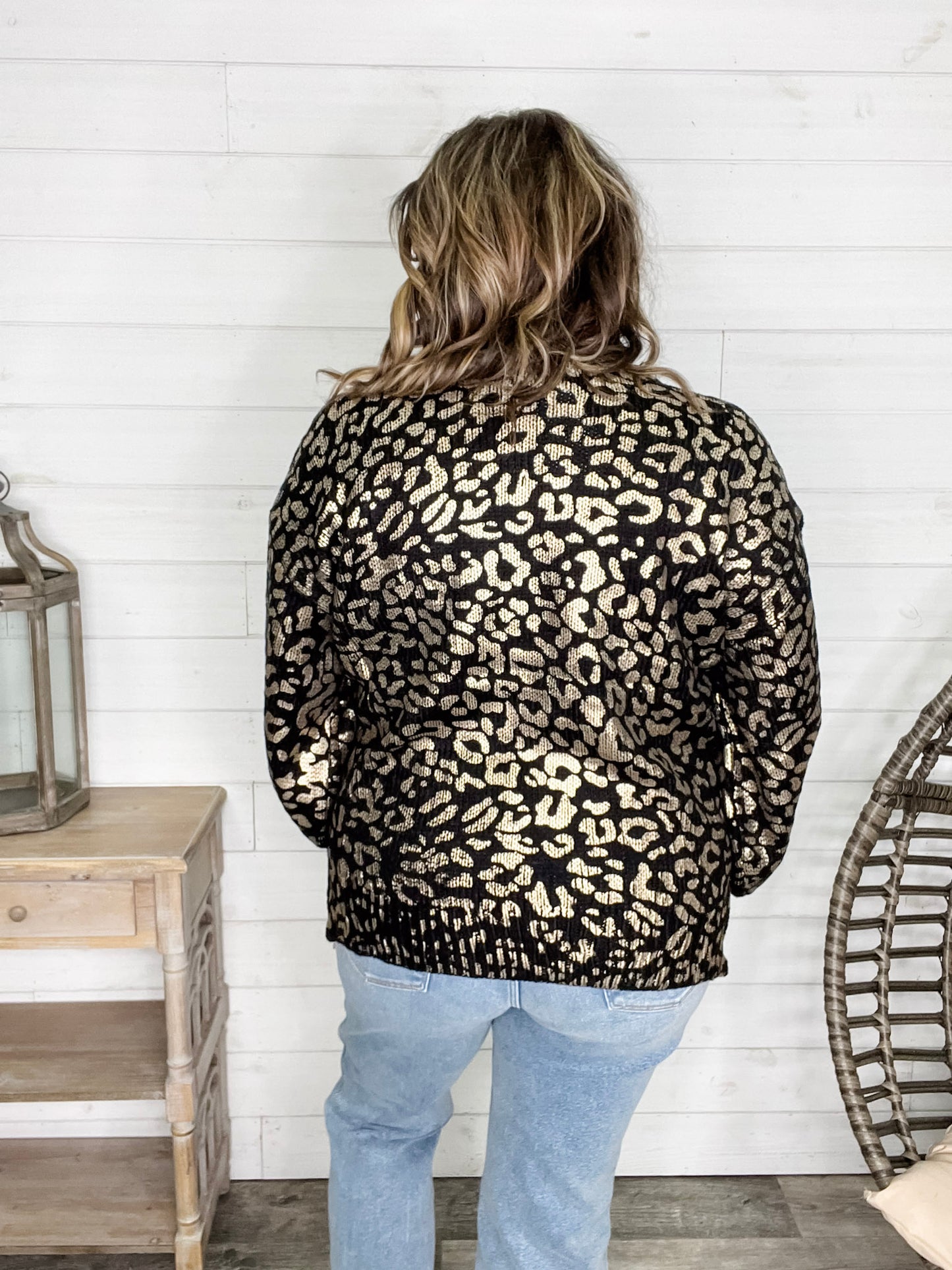 Foil Leopard Print Balloon Sleeve Sweater (Ivory or Black)