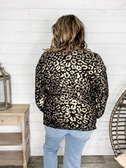 Foil Leopard Print Balloon Sleeve Sweater (Ivory or Black)