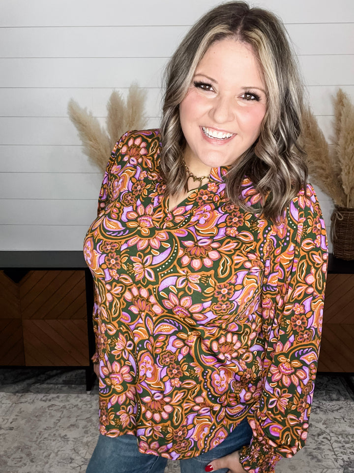 "Benton" Smocked Wrist Long Sleeve Split Neck