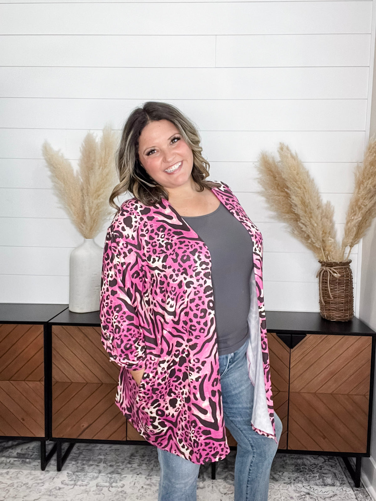 "Turntable" Animal Print Cardigan with 3/4 Sleeve Button Detail