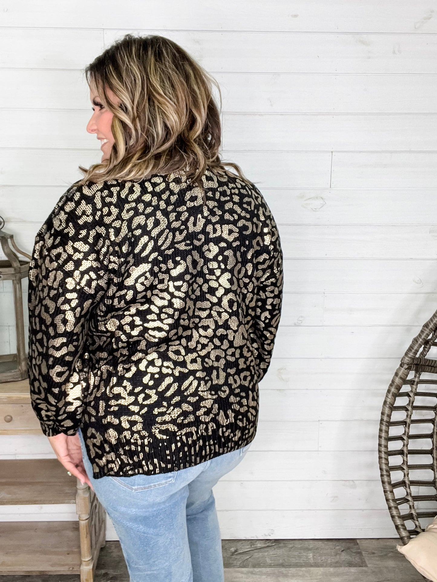 Foil Leopard Print Balloon Sleeve Sweater (Ivory or Black)