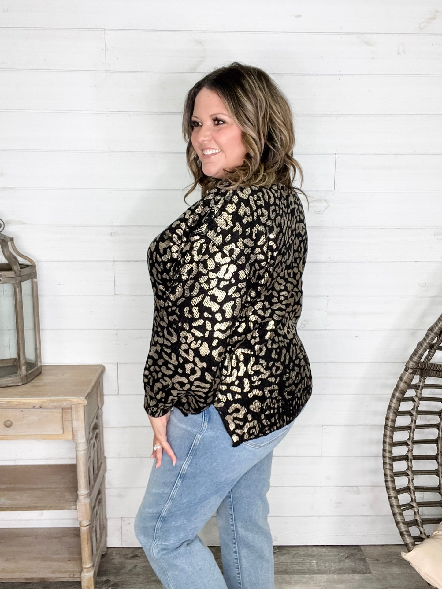 Foil Leopard Print Balloon Sleeve Sweater (Ivory or Black)