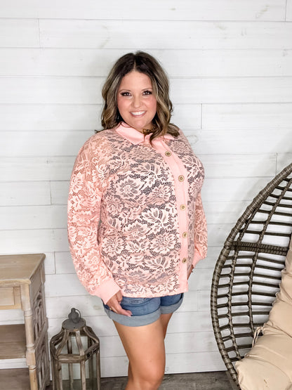 "Crosby" Lace Collared Button Up (Peach)