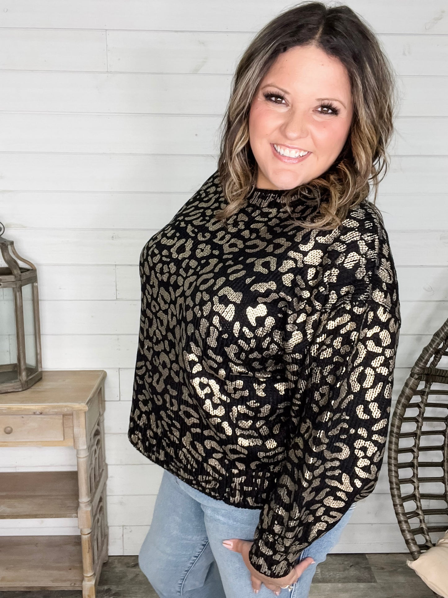 Foil Leopard Print Balloon Sleeve Sweater (Ivory or Black)