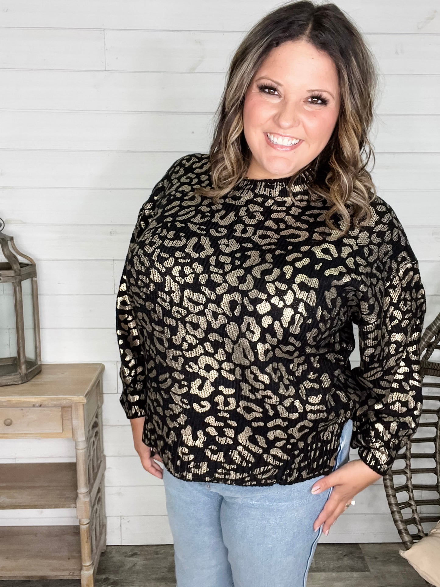 Foil Leopard Print Balloon Sleeve Sweater (Ivory or Black)