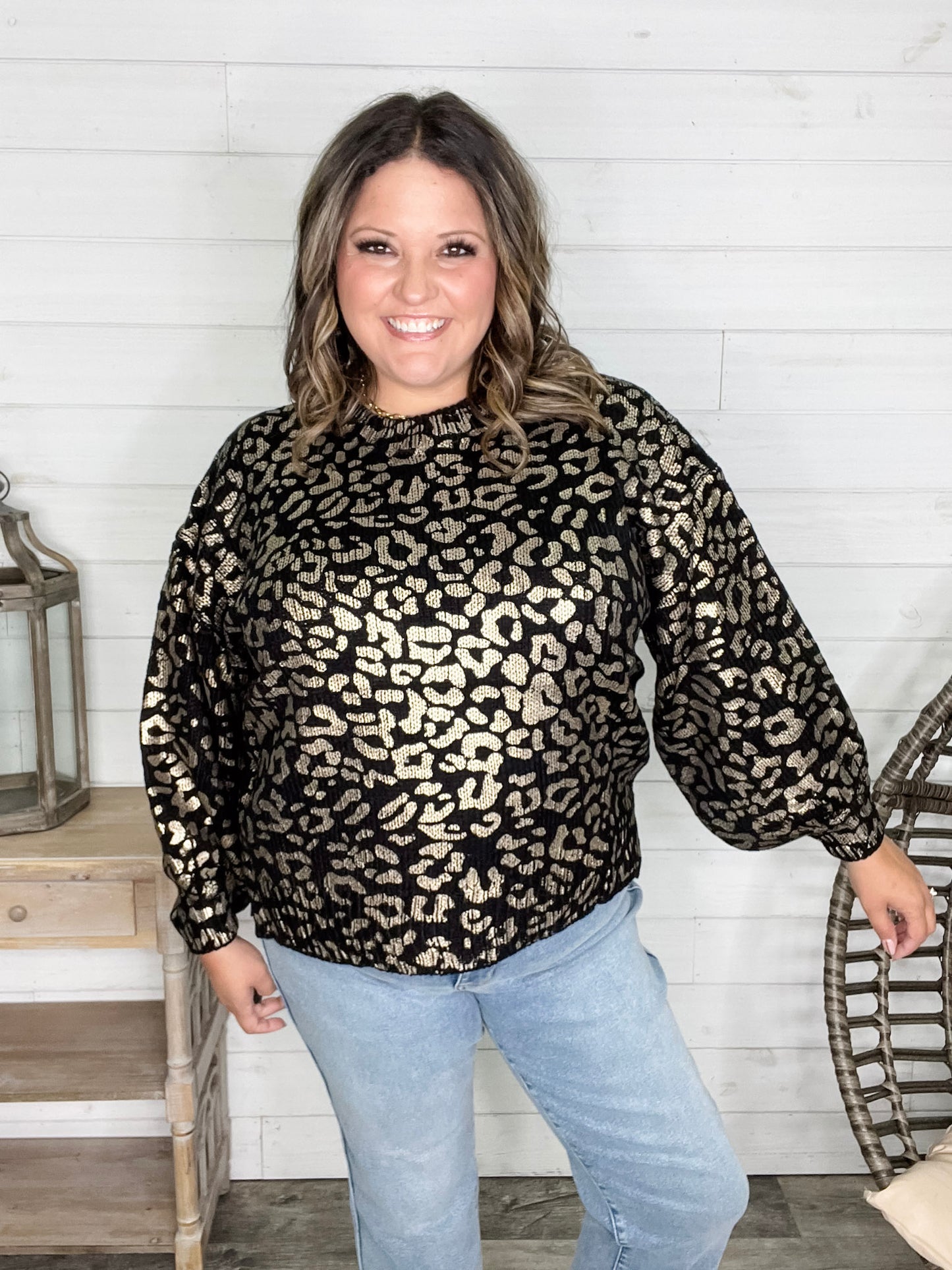 Foil Leopard Print Balloon Sleeve Sweater (Ivory or Black)