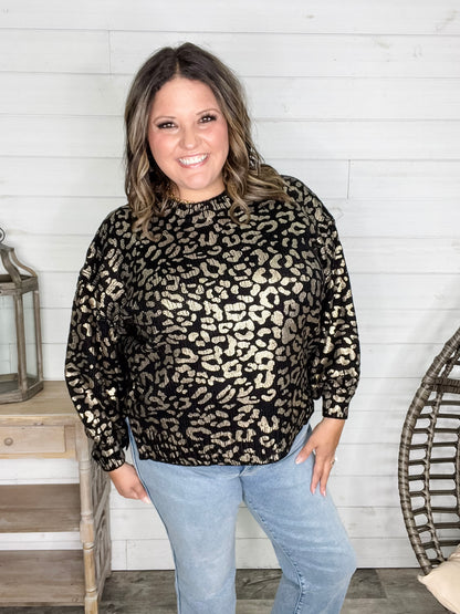 Foil Leopard Print Balloon Sleeve Sweater (Ivory or Black)