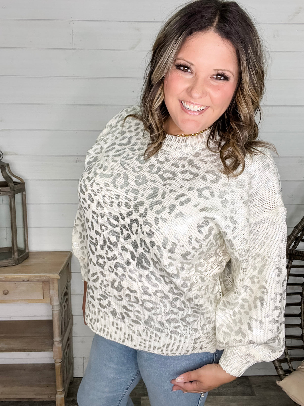 Foil Leopard Print Balloon Sleeve Sweater (Ivory or Black)