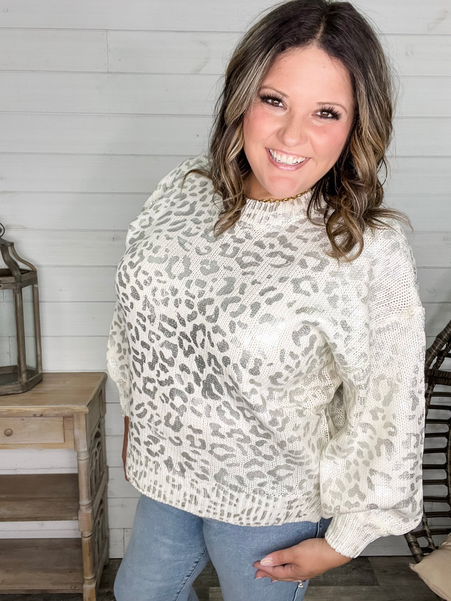 Foil Leopard Print Balloon Sleeve Sweater (Ivory or Black)