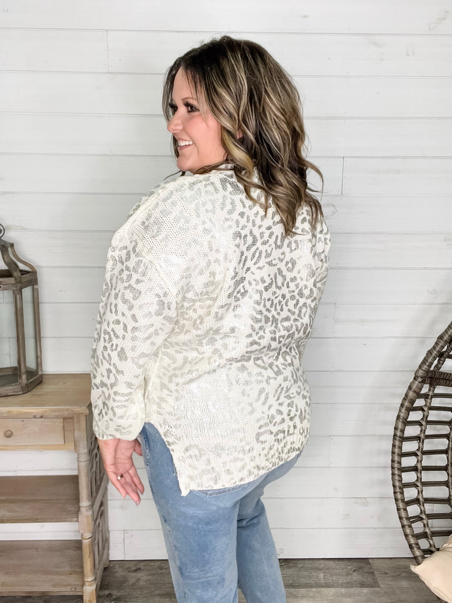 Foil Leopard Print Balloon Sleeve Sweater (Ivory or Black)
