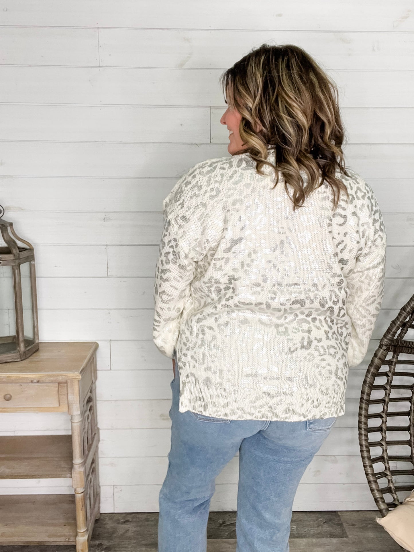 Foil Leopard Print Balloon Sleeve Sweater (Ivory or Black)