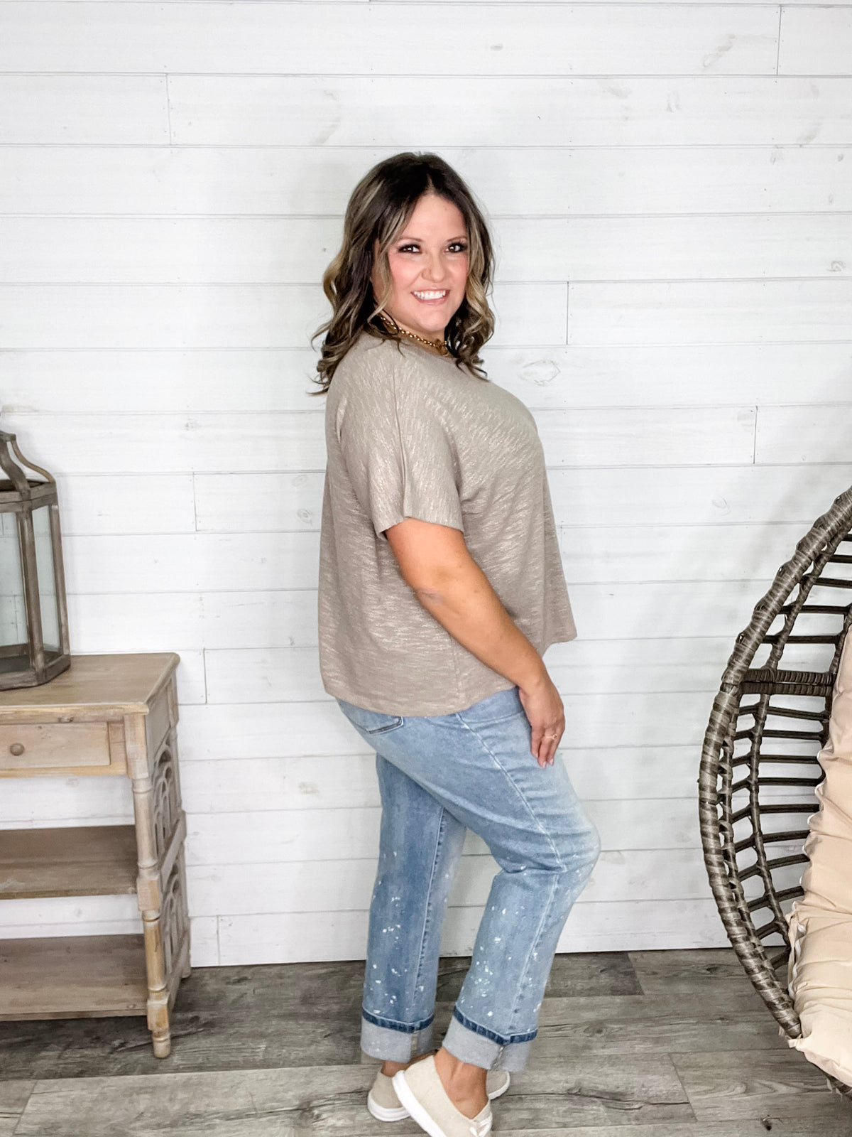 "Ponder" Oversized Hacci Tee with Chest Pocket (Ash Mocha)