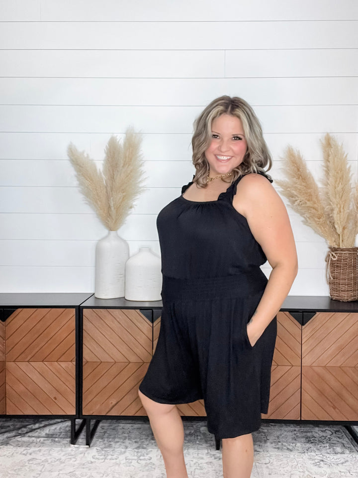"Ripple" Ruffle Strap Romper (Black)