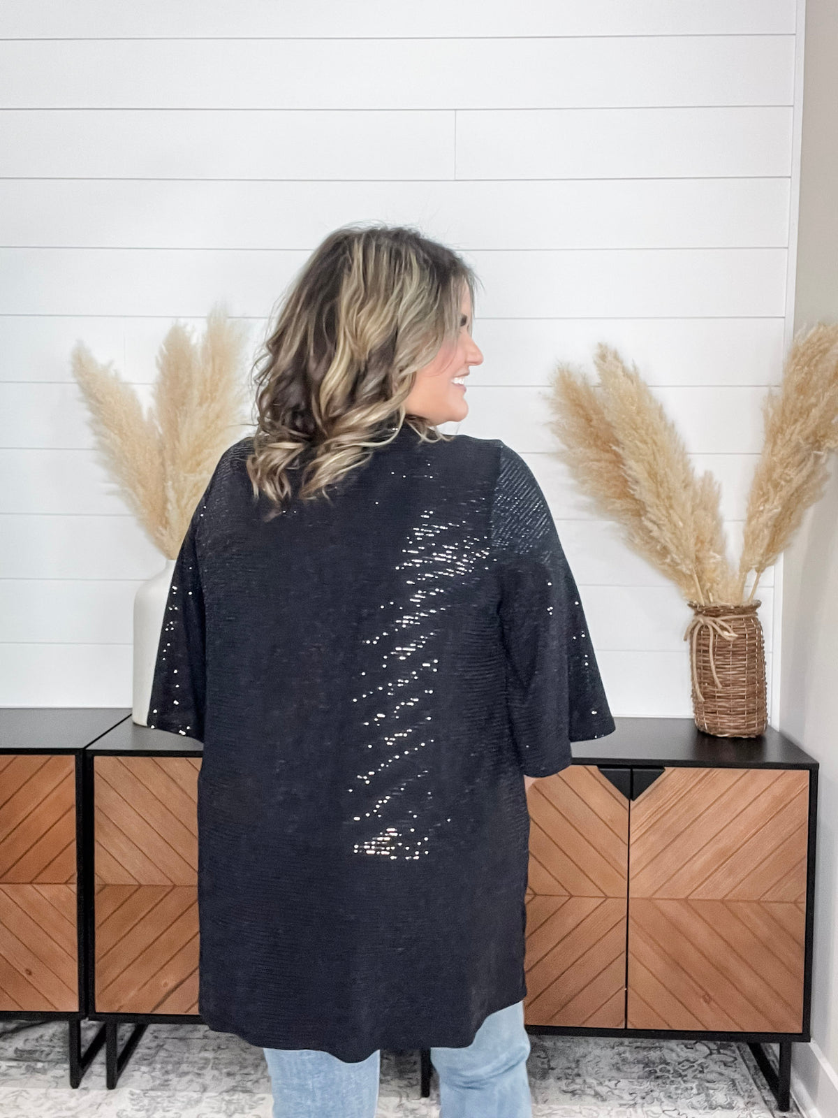 Dear Scarlett "Roosevelt" Short Sleeve Sparkle Cardigan with Double Ruffle Sleeve (Black)