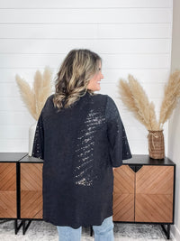 Dear Scarlett "Roosevelt" Short Sleeve Sparkle Cardigan with Double Ruffle Sleeve (Black)