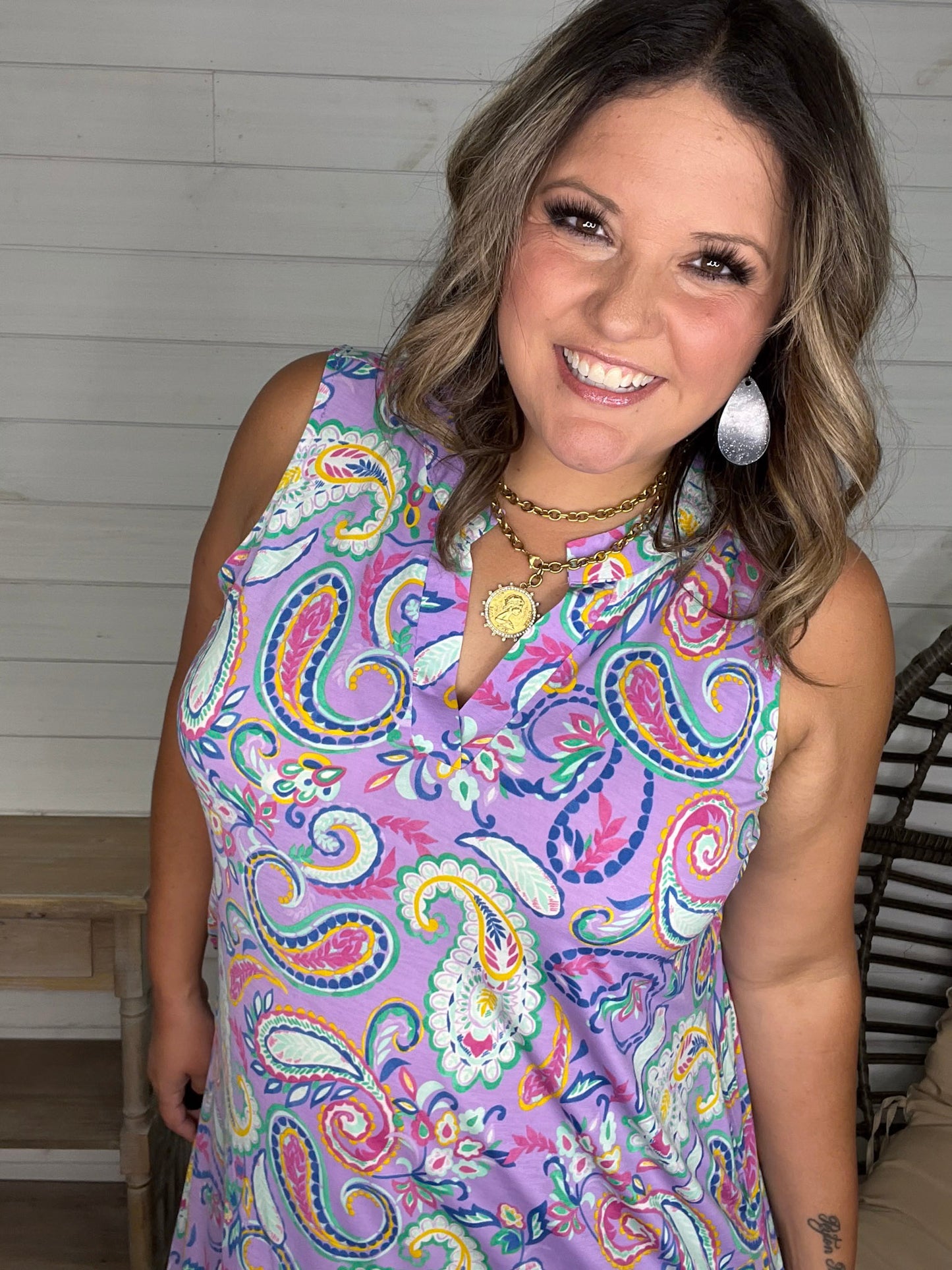 "Trumpeter" Sleeveless Split Neck Dress with Pockets