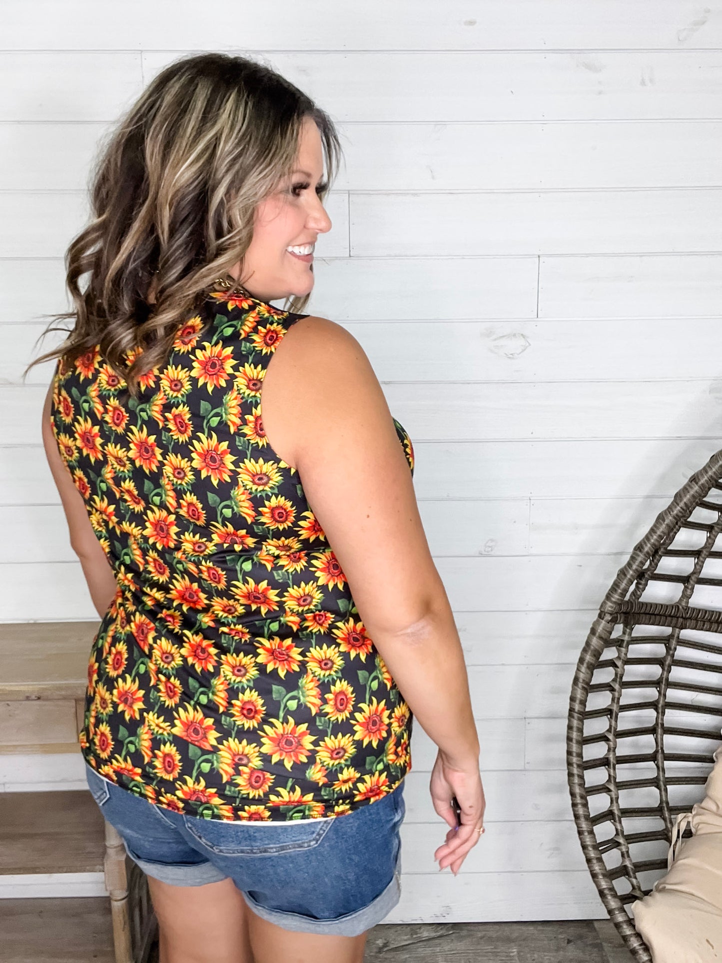 "I Am Happy" Sunflower Tank with Lace Detail