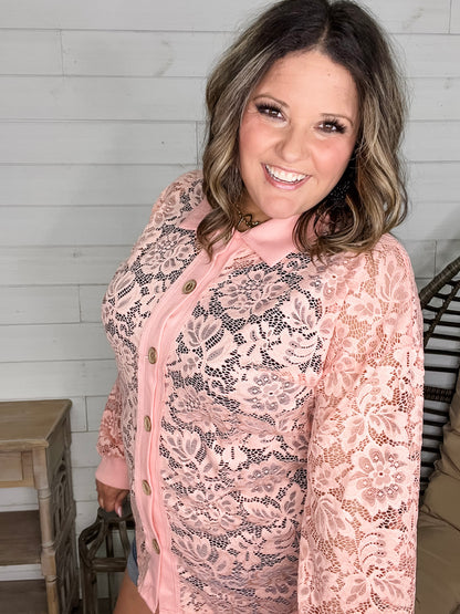 "Crosby" Lace Collared Button Up (Peach)