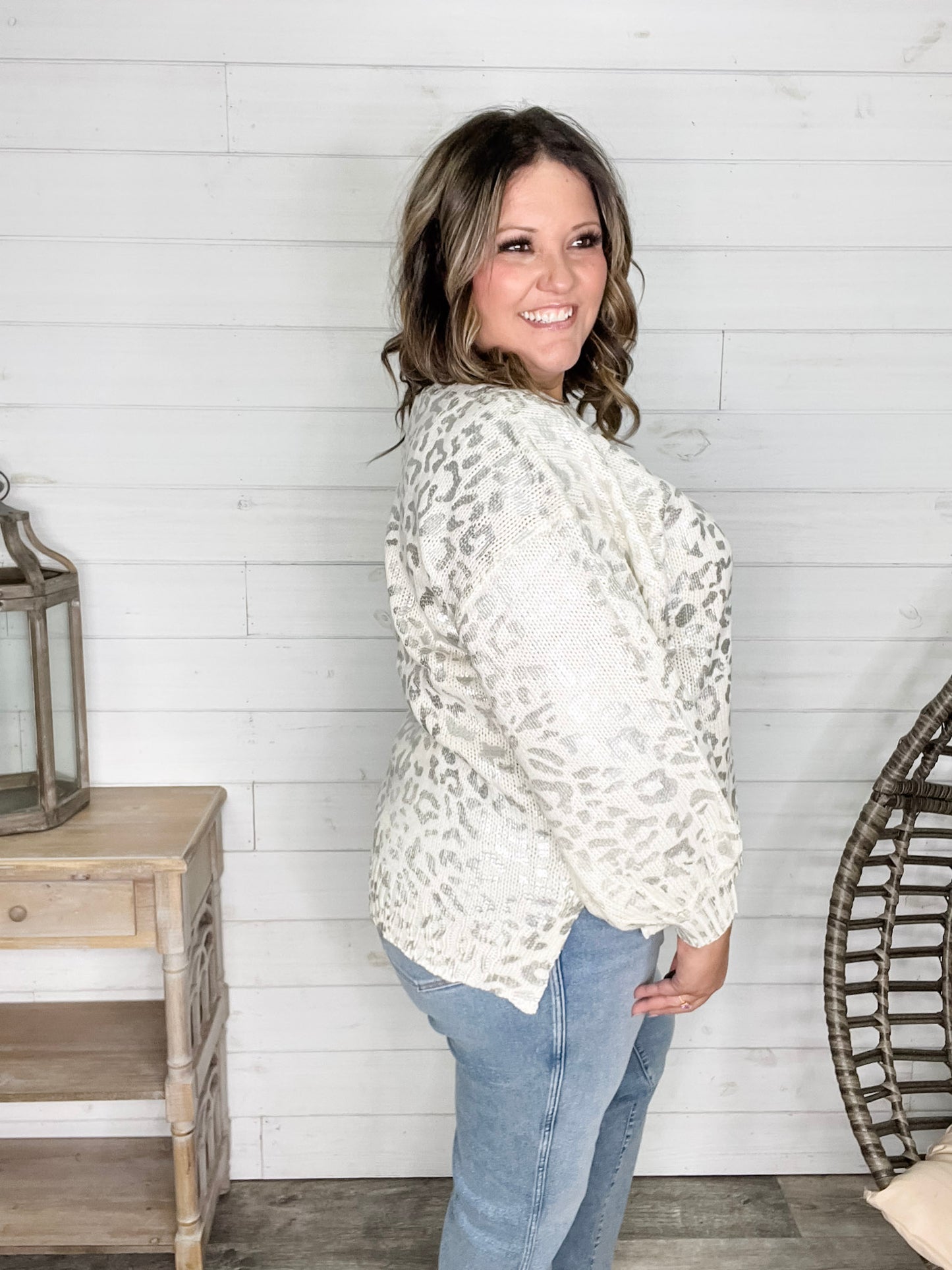 Foil Leopard Print Balloon Sleeve Sweater (Ivory or Black)