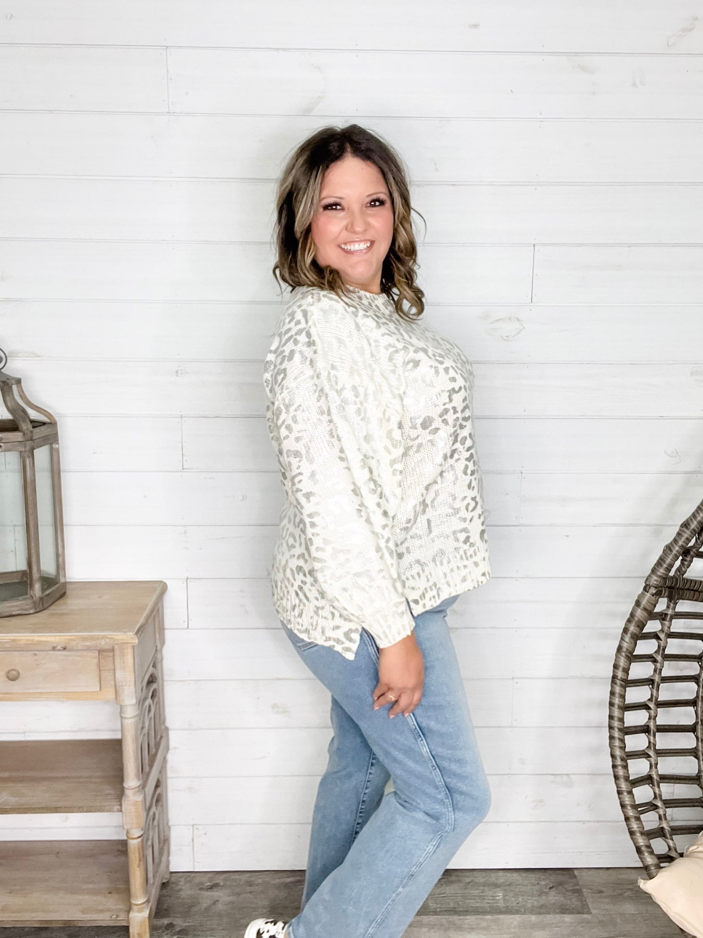 Foil Leopard Print Balloon Sleeve Sweater (Ivory or Black)