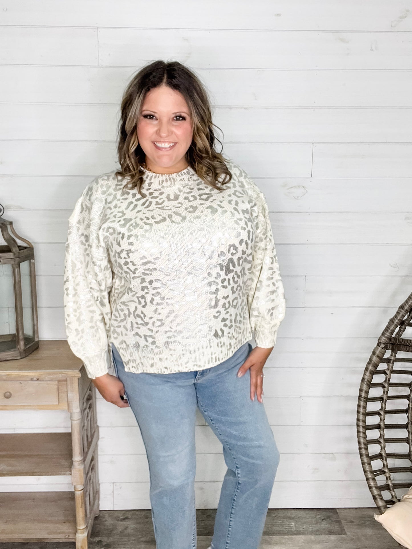 Foil Leopard Print Balloon Sleeve Sweater (Ivory or Black)