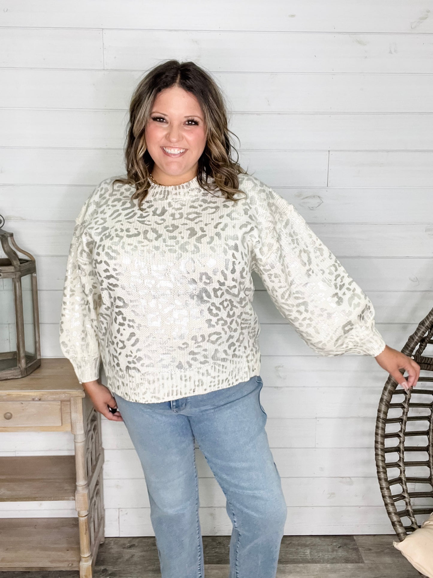 Foil Leopard Print Balloon Sleeve Sweater (Ivory or Black)