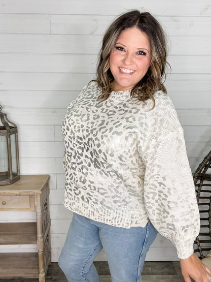 Foil Leopard Print Balloon Sleeve Sweater (Ivory or Black)