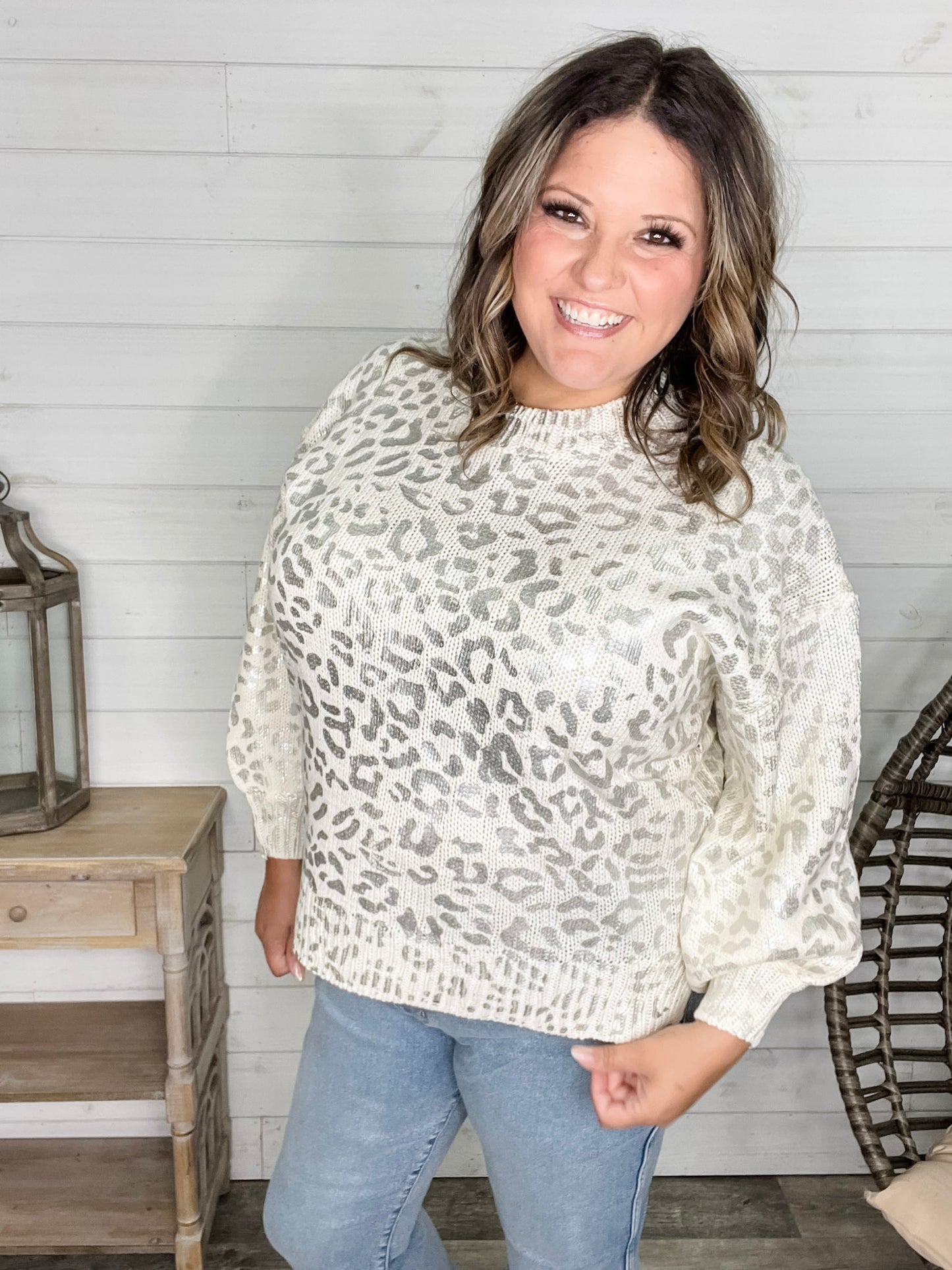 Foil Leopard Print Balloon Sleeve Sweater (Ivory or Black)