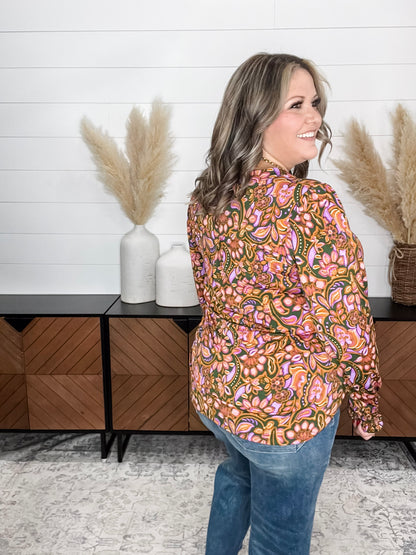 "Benton" Smocked Wrist Long Sleeve Split Neck