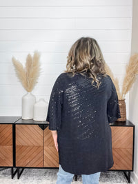 Dear Scarlett "Roosevelt" Short Sleeve Sparkle Cardigan with Double Ruffle Sleeve (Black)