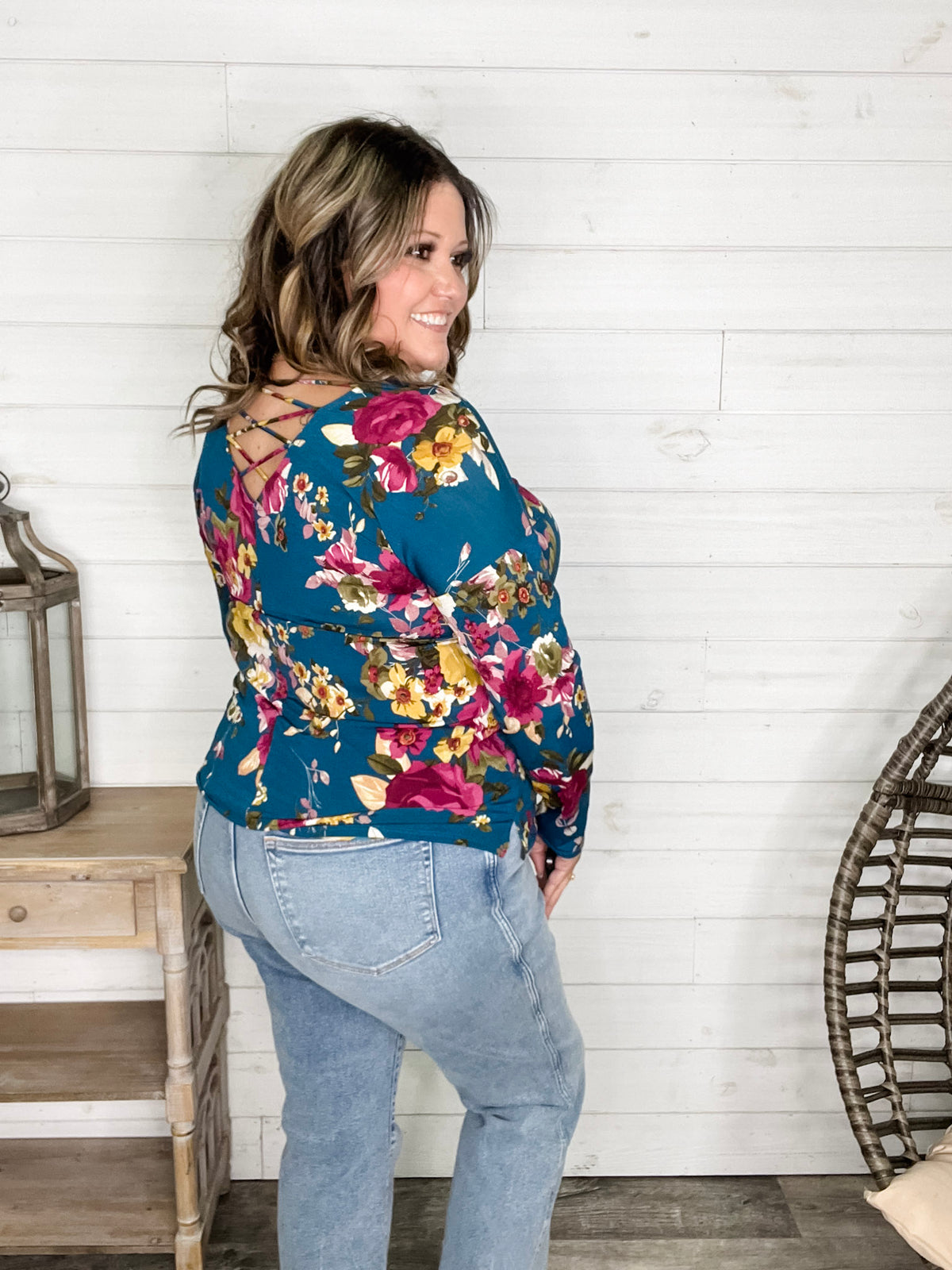 "Antonia" Long Sleeve Floral with Criss Cross Back Design