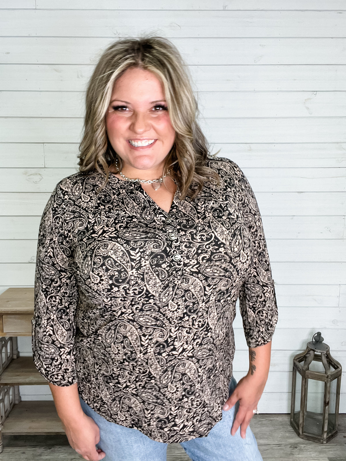 "Trapezoid" 3/4 Sleeve Button Front Lizzy Luxe