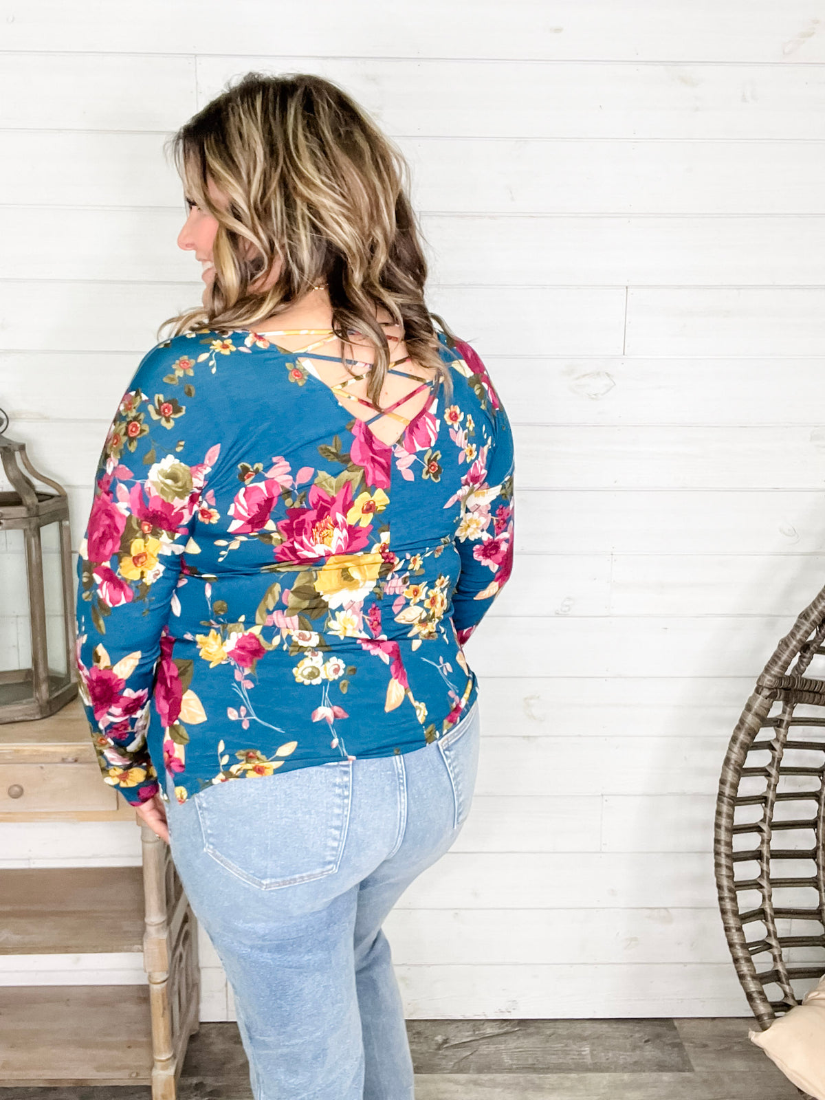 "Antonia" Long Sleeve Floral with Criss Cross Back Design